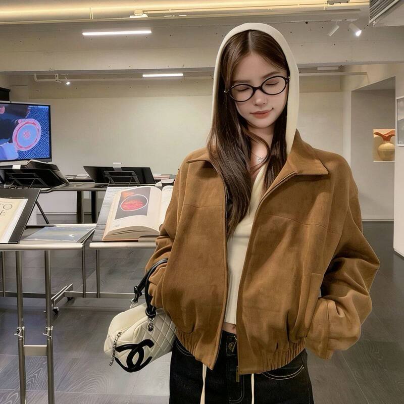 American Retro Suede Lapel Jacket for Women, Spring 2026 New Style, Loose Short Jacket for Small People