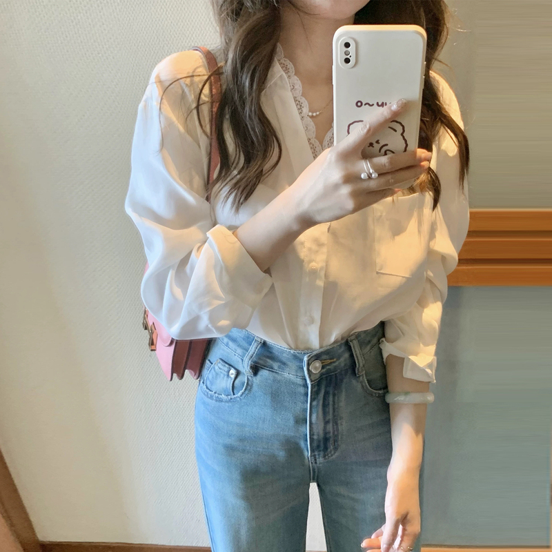 2026 Spring/Summer New Korean Style Design Niche Lace Trim Long Sleeve Shirt Women's White Sun Protection Top