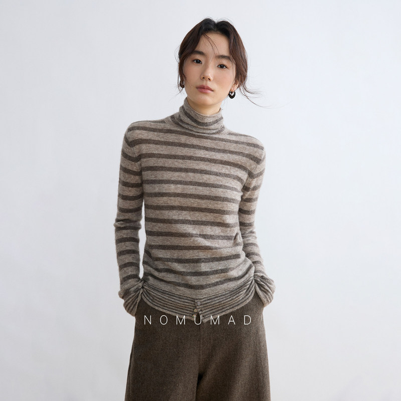 Shanyumu High-Quality Yak Wool Blend Sweater with Faux Placket, High Collar, and Striped Knit Design