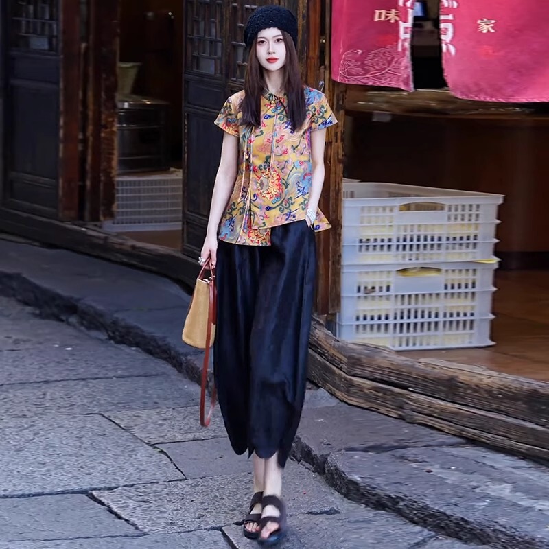 French Rouje Moaks Silk Fashion Suit, Feminine Style, 2026 Summer Mulberry Silk Wide-Leg Pants Two-Piece Set