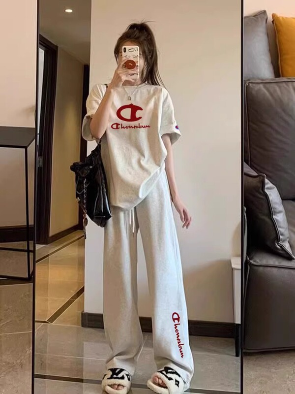 French Rouje Moaks Casual Sports Suit for Women, Loose Summer New T-Shirt Top and Wide-Leg Pants Two-Piece Set