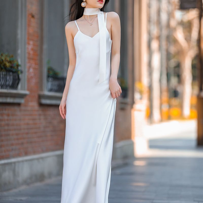 Strappy Dress for Women, Faux Acetate Satin, Floor-Length, Slimming, Spring and Summer Dress, High-End, Slim-Fit, Long Dress for Tall Women