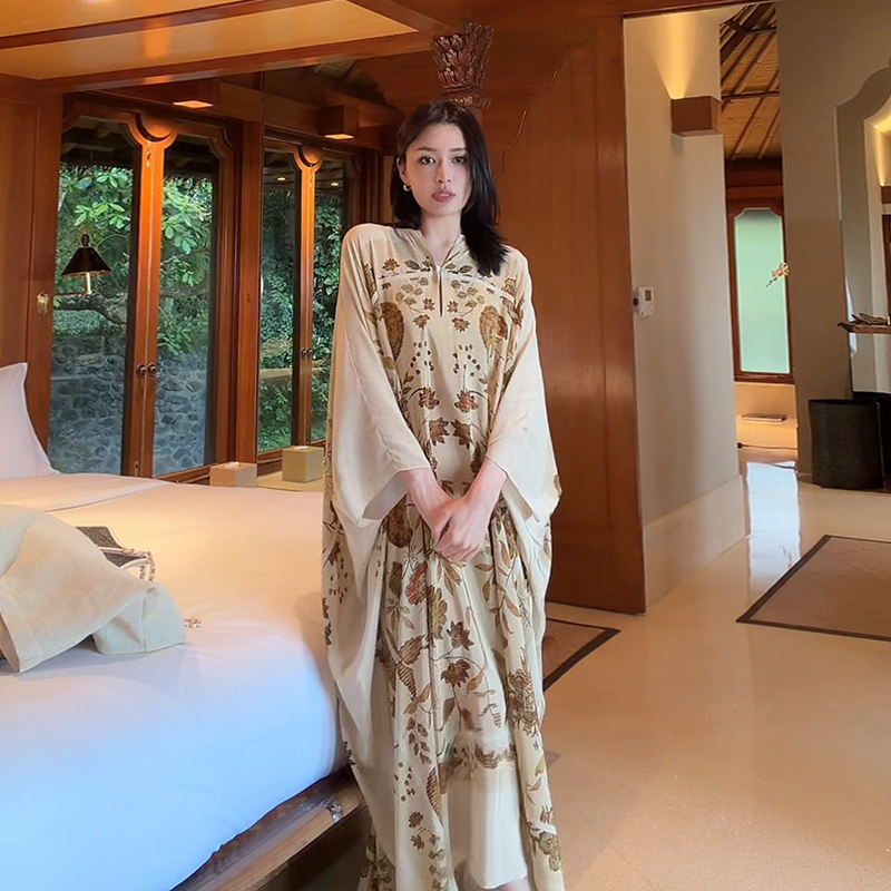 Le Samedi【Van Hua Ye Ying】Silk Permeable Print Dress with Ranqiao Pattern for Women, Summer One-Piece Long Dress