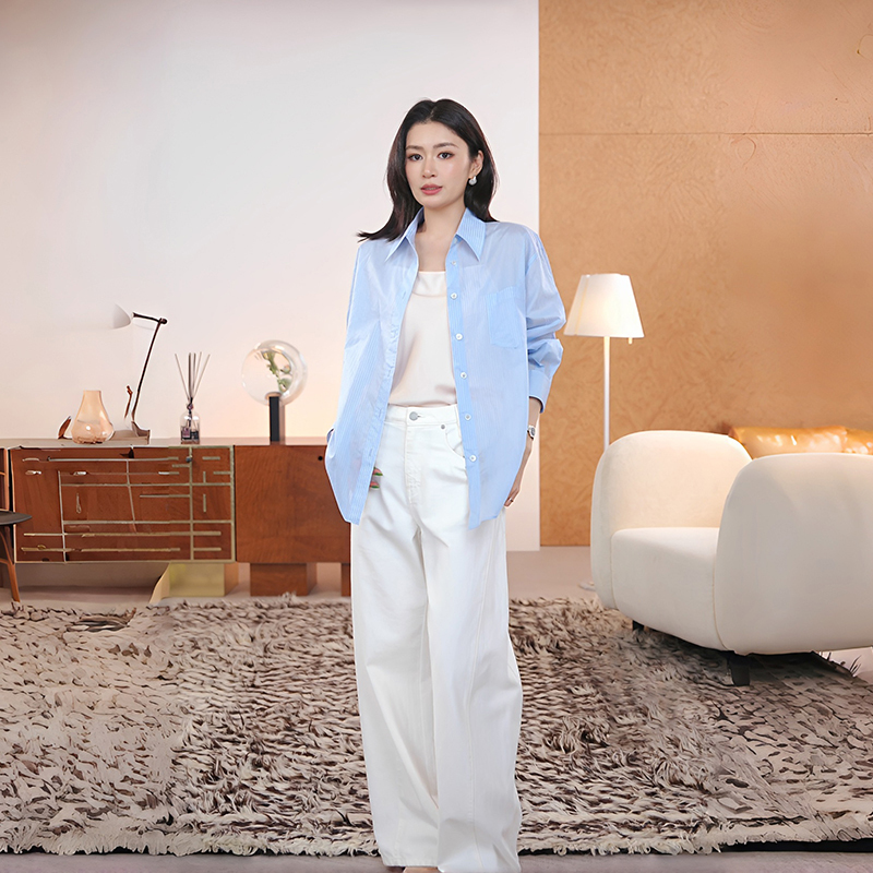 Le Samedi【Semi-Transparent】Neon Long Silk Cotton Slightly See-Through Striped Shirt/Casual Camisole Top for Women