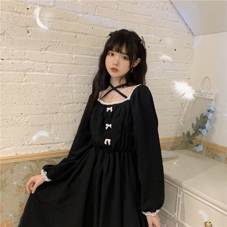 2021 New French Sweet Maid Square Collar Small Black Skirt Soft Girl Loli Waist Long Sleeve Bellflower Dress Women