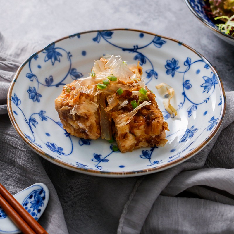 Japan Imports Blue Brocade Ceramic Flat Pan Day Style Cutlery Deep Pan Round Glazed Color Home Plate Creative Big Plate