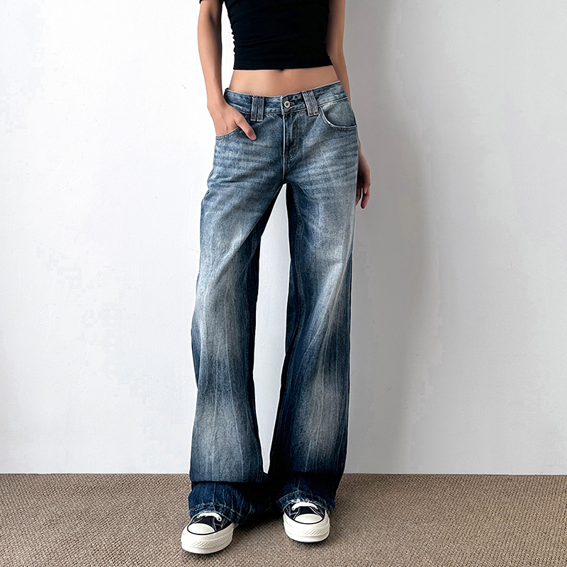 American-Style Vintage Blue Distressed Straight-Leg Jeans for Women, New Autumn Model, Low-Waist Slim-Fit Narrow Wide-Leg Pants American-Style Vintage Blue Distressed Straight-Leg Jeans for Women, New Autumn Model, Low-Waist Slim-Fit Narrow Wide-Leg Pants