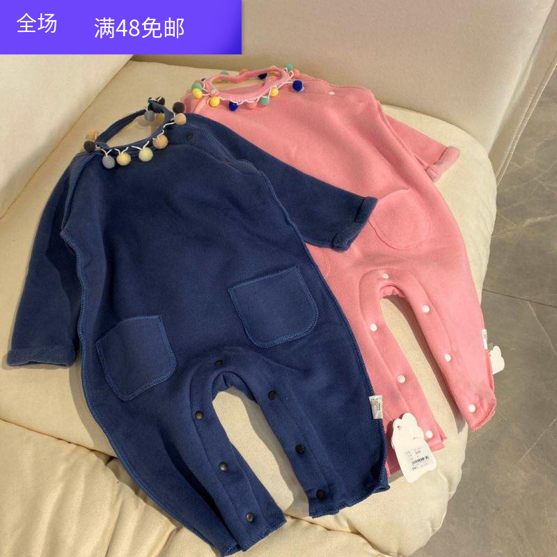 Foreign trade original single autumn and winter female baby brushed air layer long-sleeved long romper new-born baby romper jumpsuit
