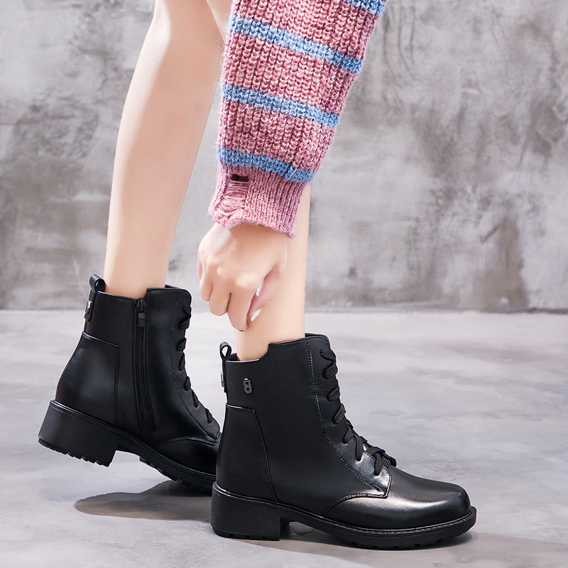 Winter new martin boots plus velvet cotton boots women's British flat ankle boots all-match leather shoes winter wool women's boots