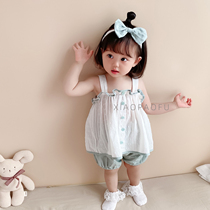 2021 Summer Ins Baby Harness Blouse Blouse Light Cage Pants Two Sets Womens Baby Short Sleeve Super Cute Foreign Air Suit