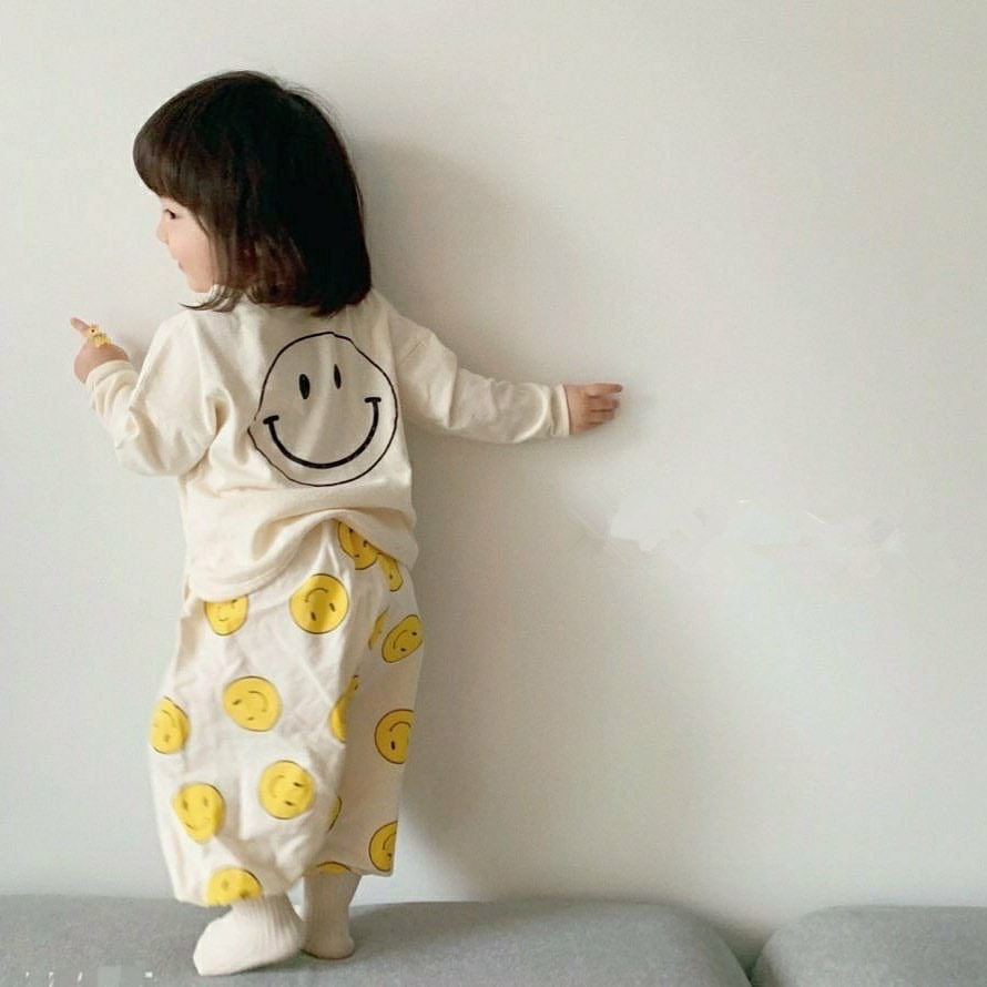 Spring Autumn Baby Loose Casual Suit for men and women Baby smiling face Long sleeves pure cotton T-shirt Long pants Two sets in children