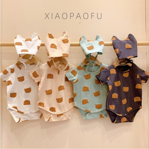 Summer male and female baby triangle Harsuit climbing suit short sleeve baby cute printed one-piece clothes pure cotton bag fart Korea