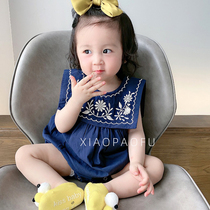 Female Baby Foreign Air Navy Wind Conjoined Clothes Triangle Khae Embroidery Baby Bag Fart Clothes Summer Clothing Thin Clothes Climbing Clothes