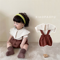 Summer Girl Cute Pure Color Short Sleeve Shirt Back Strap Pants Two Sets Baby Baby Foreign Air Princess Suit Thin