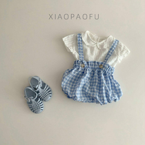 Summer male and female baby Yangqi plaid back with pants suit Baby triangle Harvest climbing with short sleeve blouses Thin Tide