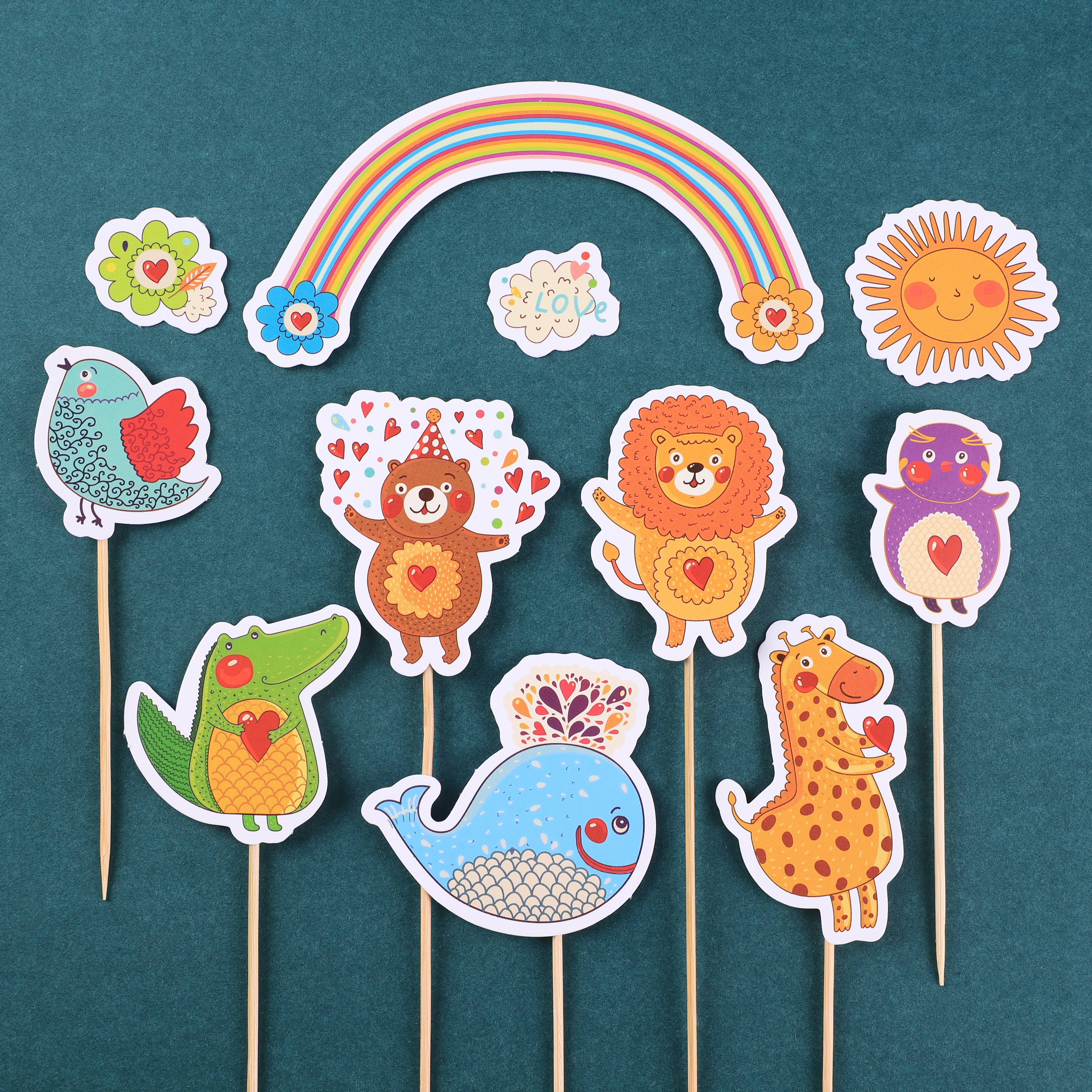 Rainbow Zoo Cake Insert Cupcake Decoration Cartoon Animals Birthday Flag Flags