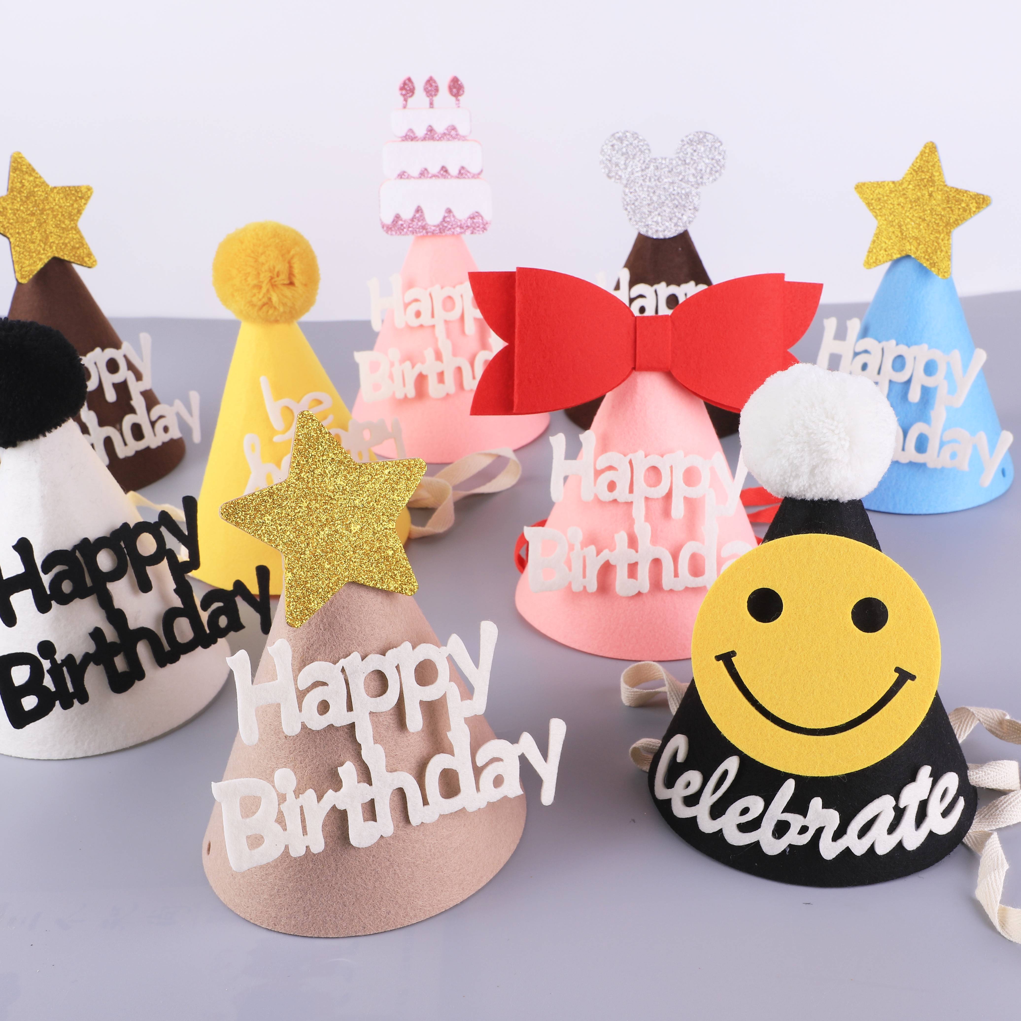 ins felt birthday hat cake smiley face bow baby children's birthday funny party little pointy hat