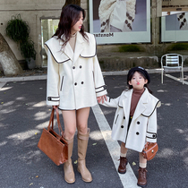 Next Music special pro-dress navy mother girl child foreign air pure color small balsamic coat of woolen coat of fur