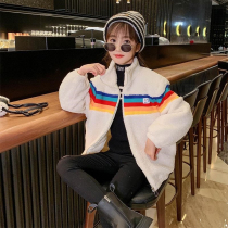 Next Music Girl Bifacial Cashmere Big Coat Rainbow Rocking Grain Suede Deep Autumn Children Coats Plus Suede Thickened Blouse