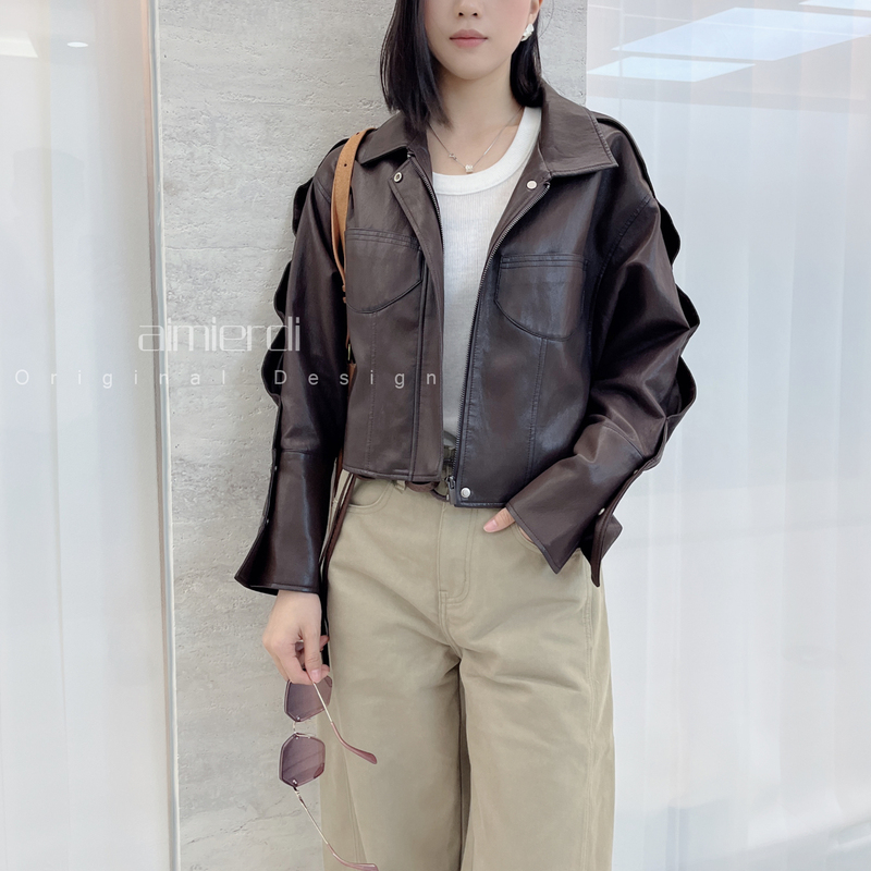 Aimierdi Korean-Style Personalized Design Short Protein Leather Jacket Retro Hong Kong Style Biker Jacket Waist-Cinching Slim-Fit Leather Jacket