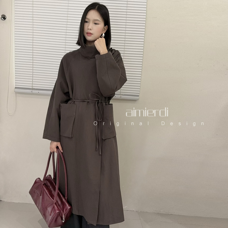 Aimierdi European Version High-End French Stand-Up Collar Scarf-Style Long Trench Coat with Raglan Sleeves, Loose Fit, Belt, Korean Style Elegance
