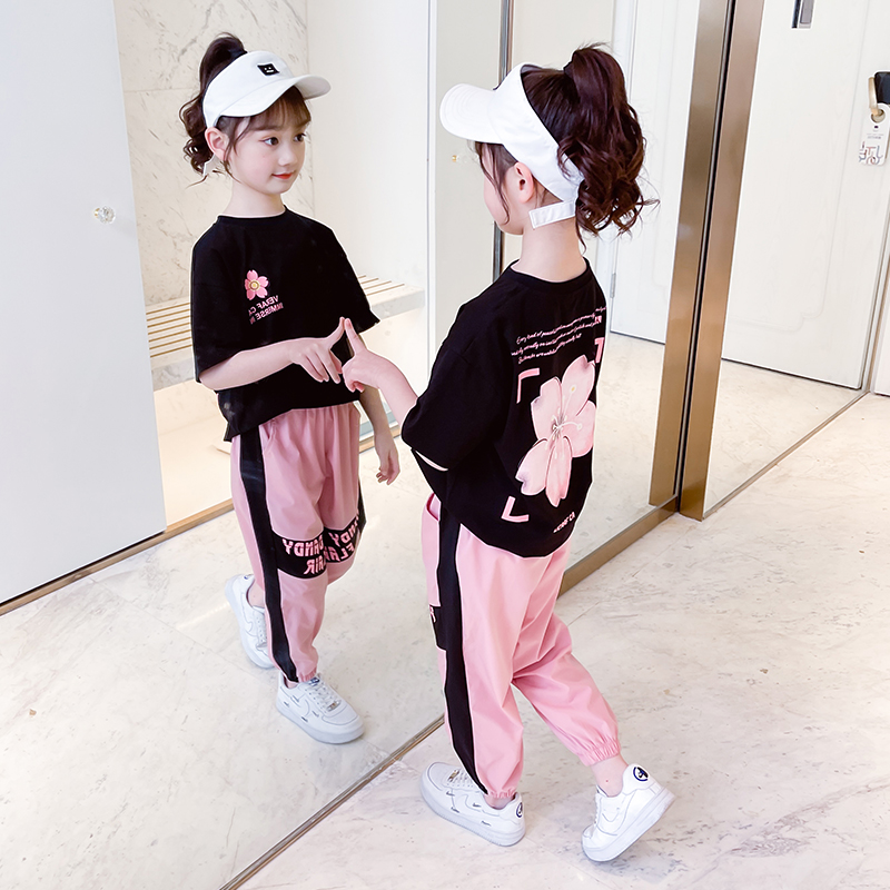 Tide Boy Dress Girl Foreign Pie Trendy Summer Thin short sleeves Long pants jacket Head Two sets Large size sports Children's suit