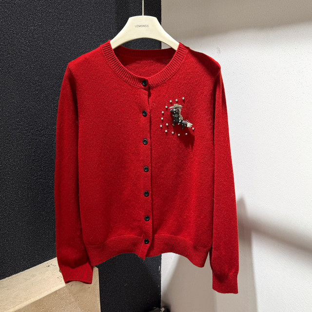 [Special Clearance]Winter Style Round Neck Single-Breasted Fashionable Rhinestone Embellished Soft Full Wool Cardigan Women's Sweater