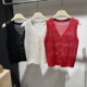Fashionable crochet hollowed-out, versatile and slim V-neck single-breasted sleeveless knitted vest