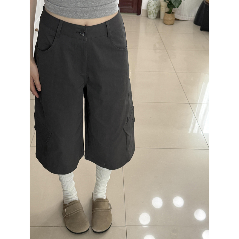American-Style Washed Design Lace-Up Workwear Capri Pants for Women, New Summer Slim-Fit Fashion Multi-Pocket Mid-Length Pants