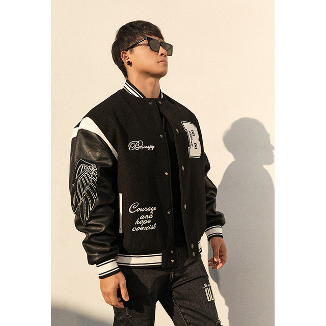 BLUESFLY trendy brand baseball uniform men's letter embroidered woolen jacket spliced ​​​PU black fitness training clothes