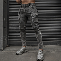 BLUESFLY original sports jeans Mens elastic body small leggings pants casual trendy grey retro gym pants