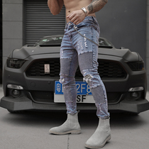 BLUESFLY jeans Mens and American streets Korean version of the trend splicing the hole to repair the small footballed fitness locomotive pants