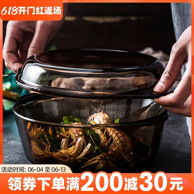 Imported blue tempered heat resistant glass saucepan grill pan suit white round with lid microwave oven Oven Cutlery Bowl