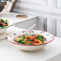 Japanese INS Cherry ceramic Western plate soup plate home simple large deep plate pasta plate dinner plate bowl straw hat plate