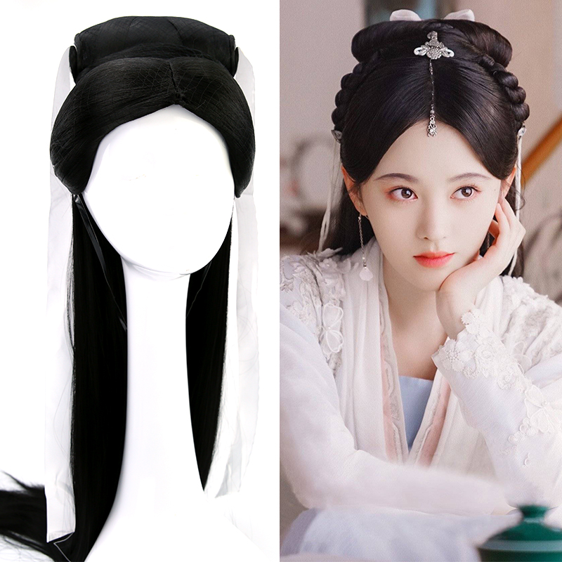Ancient wind Han clothes wig new high temperature silk long straight hair cover breathable natural white lady bow Qian Yi Fashion female headgear