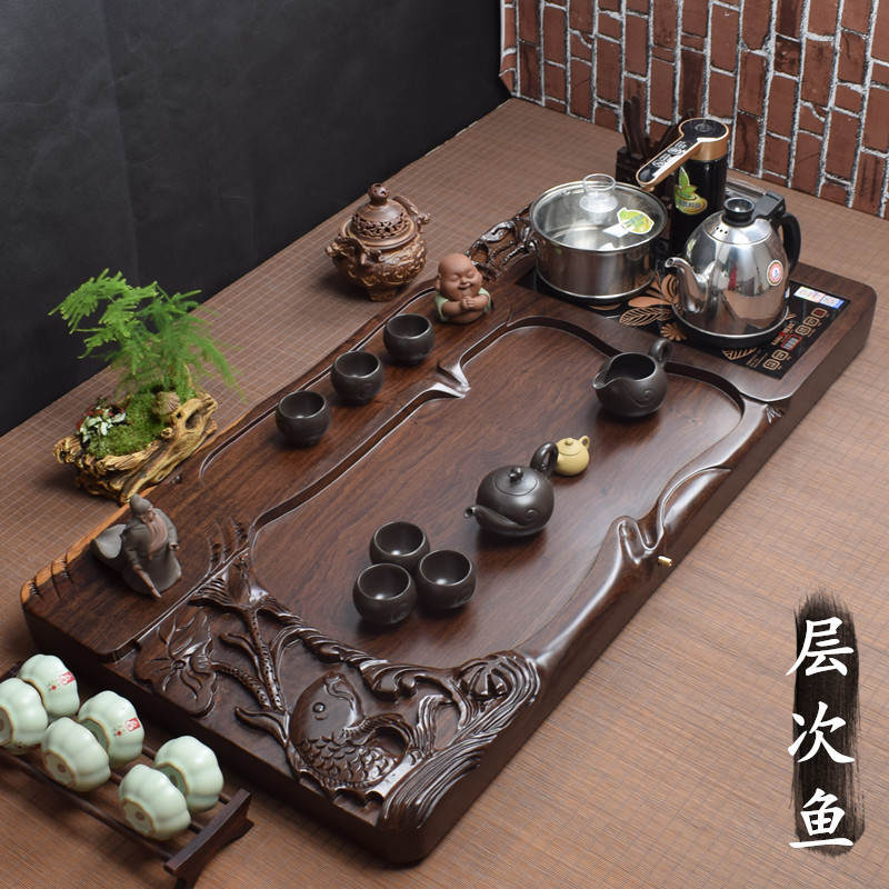 Ebony tea tray home Whole solid wood log tea sea tea table with induction cooker integrated kung fu tea set tray