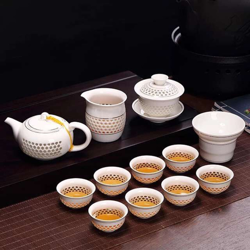 Edge Tea Qingjingde Town Ling-size Honeycomb Hollowed-out Tea Tea Set of Tea Tea Cup Kung Fu Tea Tea Set