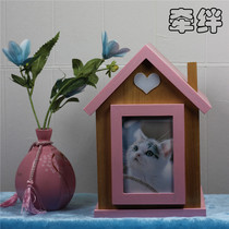 Tie wooden house Pet cat dog urn Small house Cat and dog ashes storage memorial photo Pet coffin
