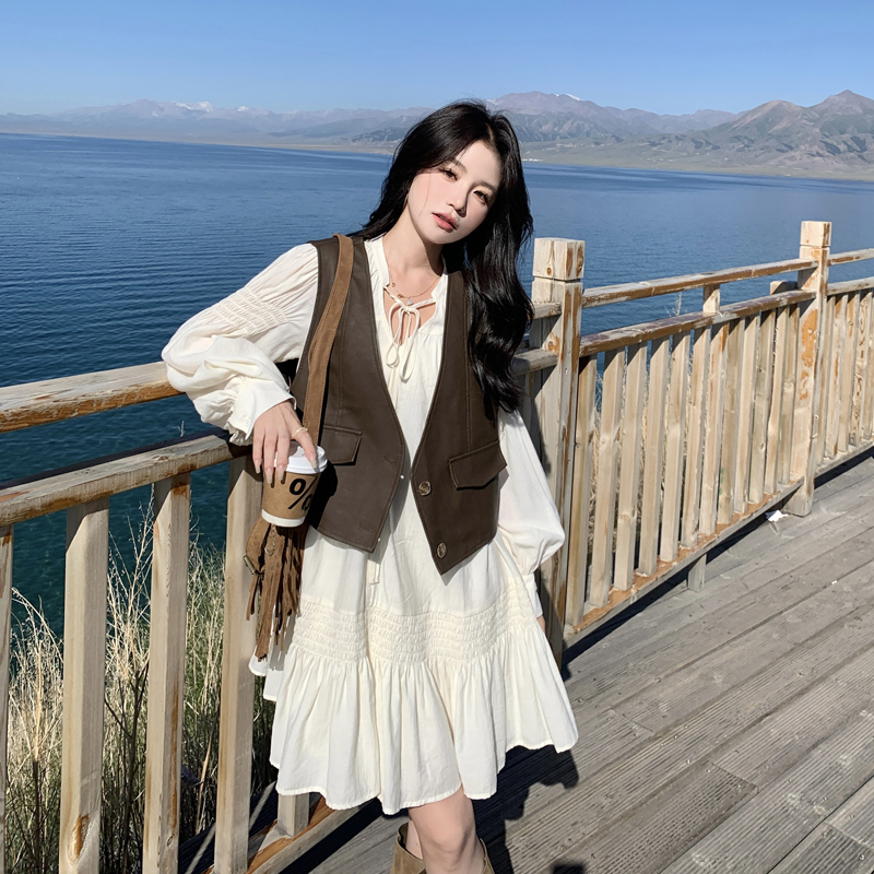 Spring, Autumn and Summer New Design Fashionable Casual Vest Dress Two-Piece Suit Women's Long-Sleeved Shirt Dress Trendy