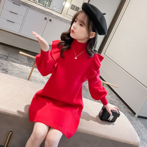 Girl dress spring and autumn 2021 New Princess dress childrens foreign style knitting medium child red sweater skirt