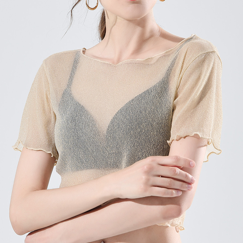 Summer Navel-Baring Fungus Mesh Short-Sleeved Shirt for Women, Short Bright Silk Lace Bottoming Shirt, Transparent Thin Sand T-Shirt Top