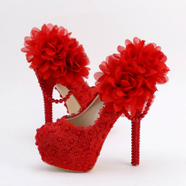 Red flower lace super high heel wedding shoes pearl pendant stiletto dress womens single shoes round toe platform bridal shoes