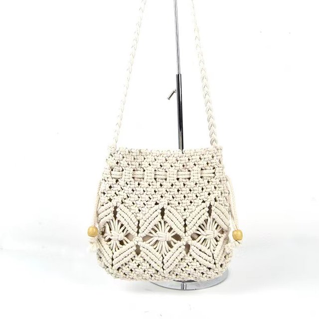 Bucket bag drawstring shoulder bag Japanese and Korean crossbody bag solid color woven summer beach bag