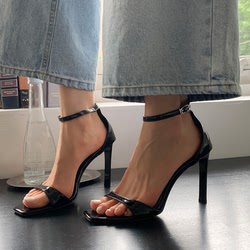 Strap sandals for women with square toe black 2023 new summer Internet celebrity European and American sexy patent leather versatile high heels