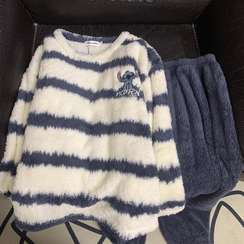Coral Velvet Striped Pullover Round Neck Long-Sleeved Pajamas Autumn and Winter Women's 2026 New Thickeneded Warm Home Wear Set