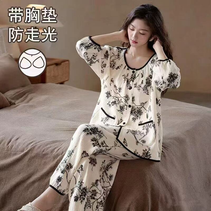 Pajamas with Breast Pads for Women, Chinese Style, Spring and Summer, Three-Quarter Sleeves, Pure Cotton Gauze, Pocket Style, Loose Large Size Home Wear Set