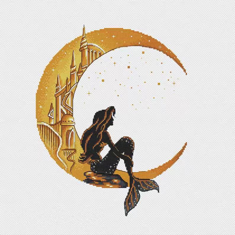 Cross embroidered electronic drawings Replored Source File XSD Format Moonlight-Moon Mermaid-Taobao