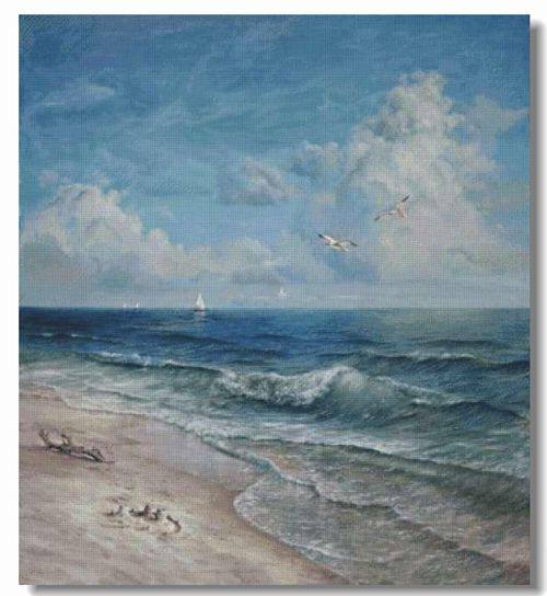 Cross-stitch drawings redrawn source file landscape-Blue beach