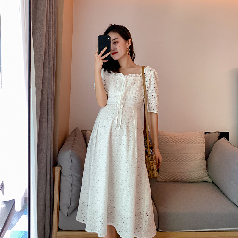 Summer dress new gestational maternity dress white hollowed-out elegant temperament with long version of the dress