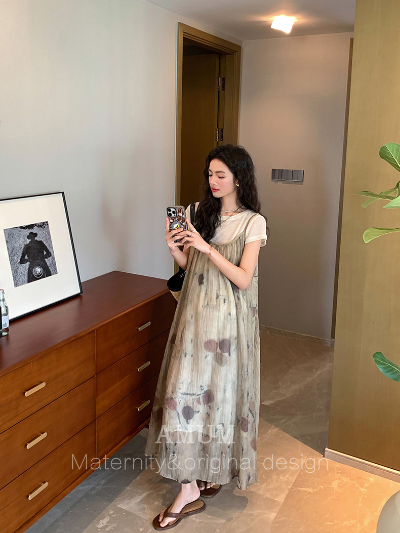 ◆ Amum Maternity Wear ◆ Outfits for Pregnant Moms~ Vintage Pleated Stylish Summer Dress That Doesn'T Show Pregnancy, Loose-Fitting Strap Dress. — 20